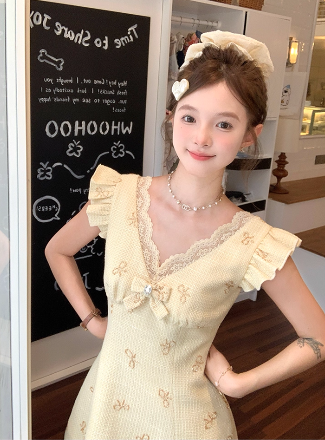 Yellow mid-length v-neck small fragrance temperament beaded bow dress summer skirt R4741