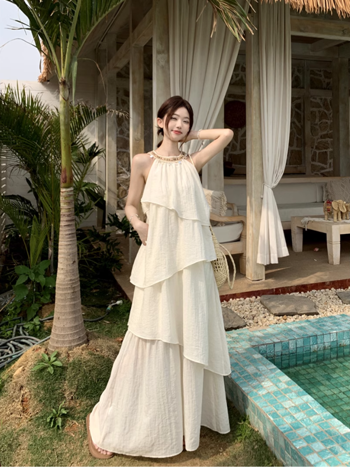 Fairy halter neck dress vacation outfit beach long dress irregular ruffle skirt R1721