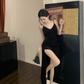 Velvet suspender dress sexy slit irregular inner skirt evening dress R1532
