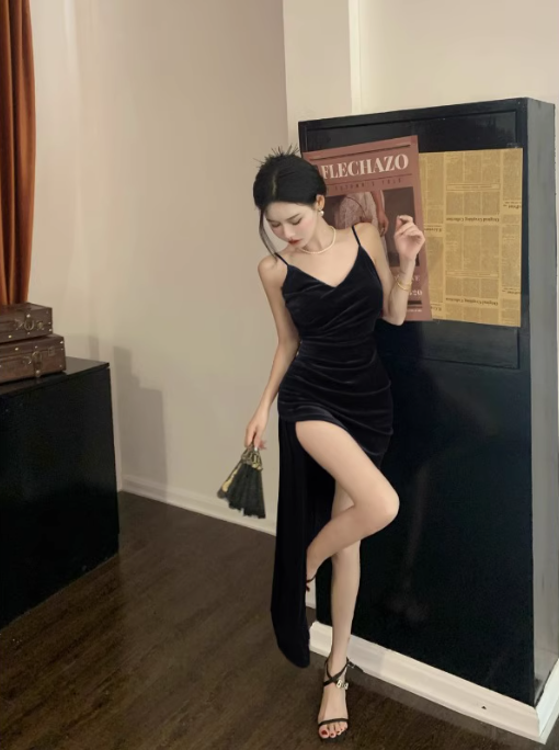Velvet suspender dress sexy slit irregular inner skirt evening dress R1532