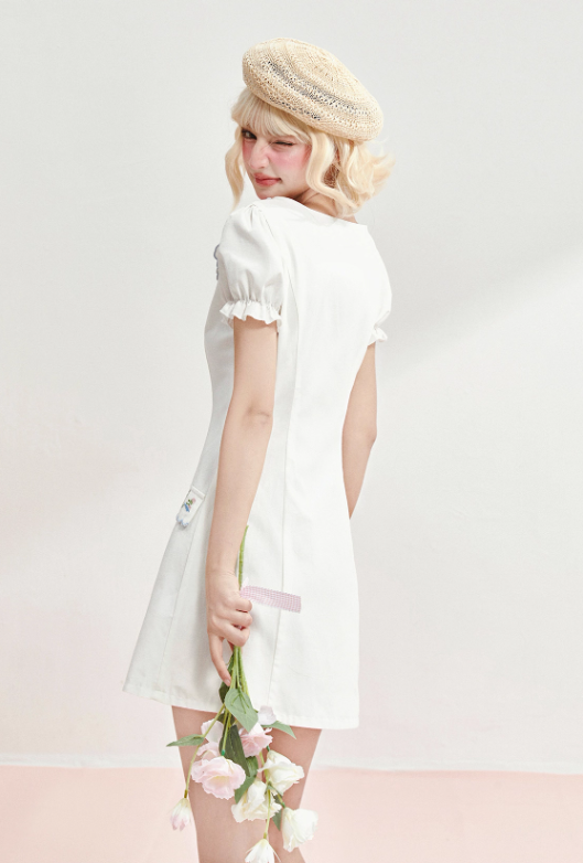 Short-sleeved summer dress V-neck Tencel cotton retro embroidery waist dress R5248