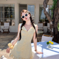 Yellow sleeveless waist a-line dress women's summer French temperament skirt R4622