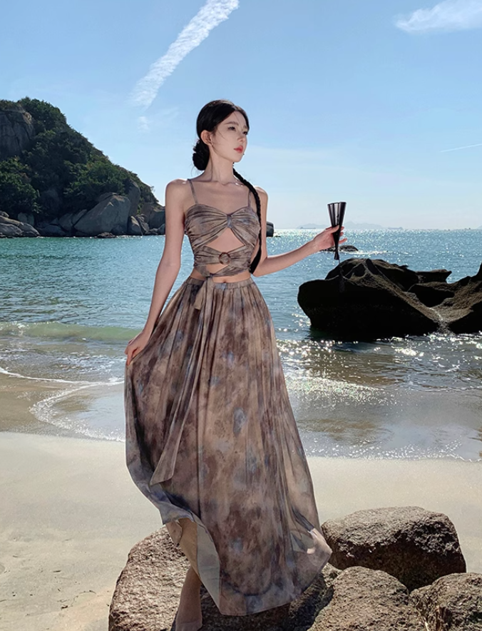 Travel wear tie-dye skirt a-line skirt temperament tube top suit women's two-piece suit R1571