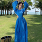 Seaside travel long skirt hollow waist slim embroidery backless long sleeves big swing dress R0186