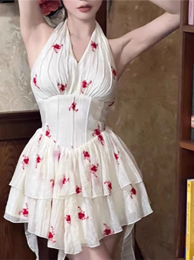 Pure desire design halter neck floral dress 2025 sexy backless waist A-line short skirt R1086