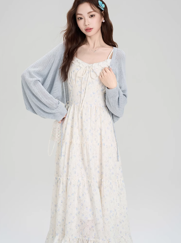 French floral suspender skirt, beautiful and gentle style dress with cardigan two-piece suit R2382