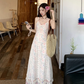 Fairy layered halter neck floral long skirt hollow lace waist temperament suspender dress R1726