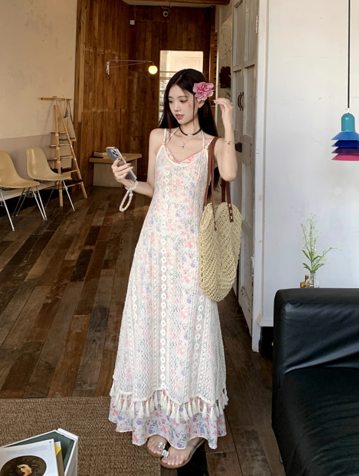 Fairy layered halter neck floral long skirt hollow lace waist temperament suspender dress R1726
