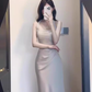 French style mesh hollow off-shoulder halter dress high-grade acetate satin waist slim hip skirt summer R0432