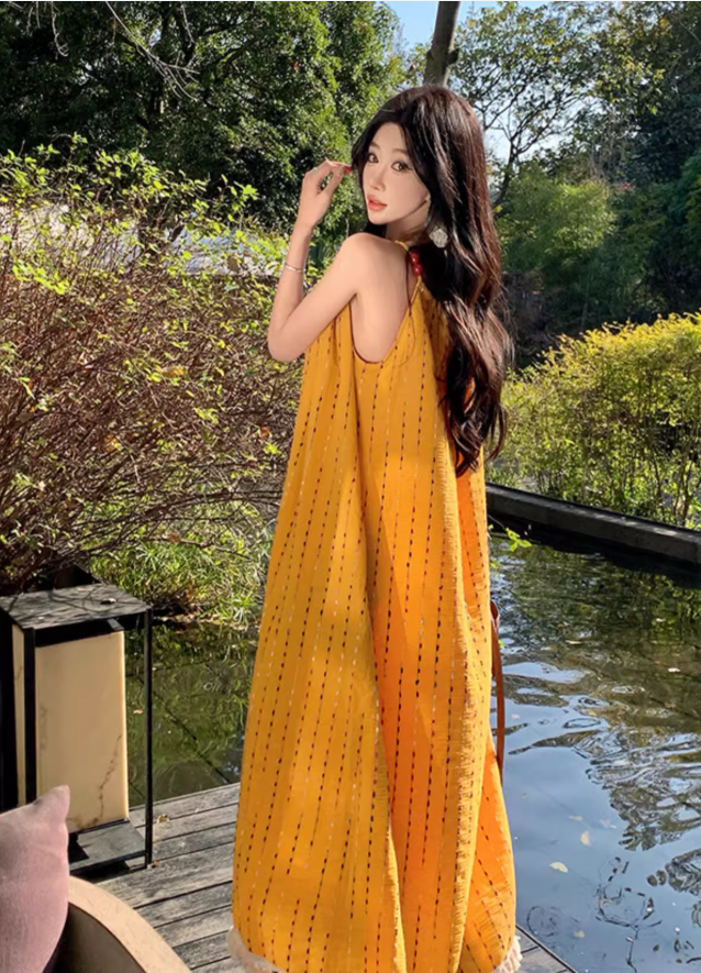 Relaxed yellow tassel sling white dress holiday temperament long dress beautiful beach dress R1621