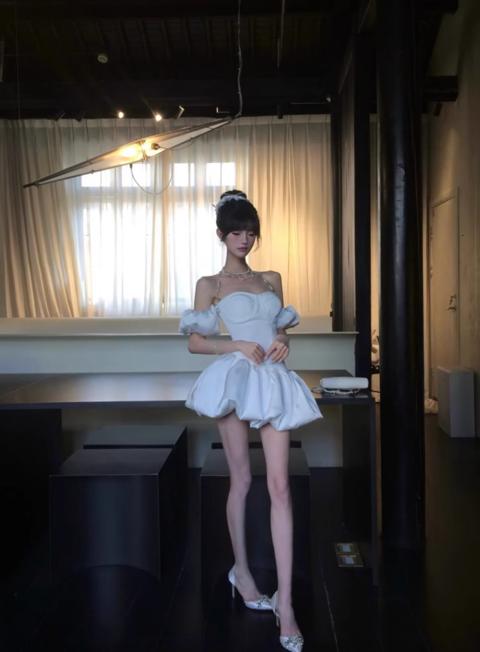 Satin puffy skirt French temperament pure desire style dress retro one shoulder white strapless short skirt homecoming dress R2999