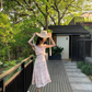 Beautiful dress temperament square neck pink printed long skirt summer new style R4414