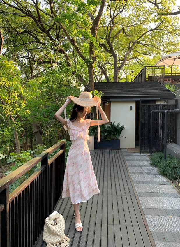 Beautiful dress temperament square neck pink printed long skirt summer new style R4414