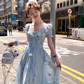 Blue short-sleeved square collar long waist dress summer French retro temperament high waist skirt R4706