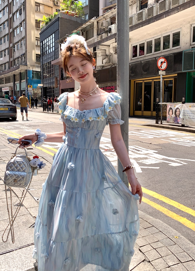 Blue short-sleeved square collar long waist dress summer French retro temperament high waist skirt R4706