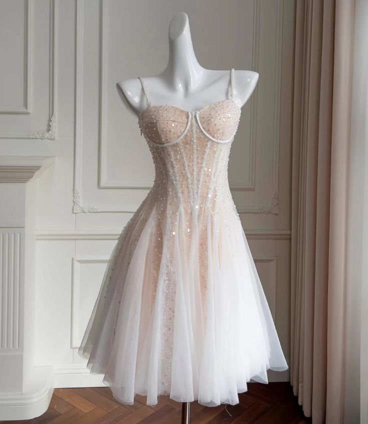 Pink Sequined Strapless Waisted A-Line Layered Tulle Short Skirt Homecoming Dress R3375