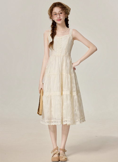 New summer French style high-grade apricot suspender dress super fairy skirt R1903