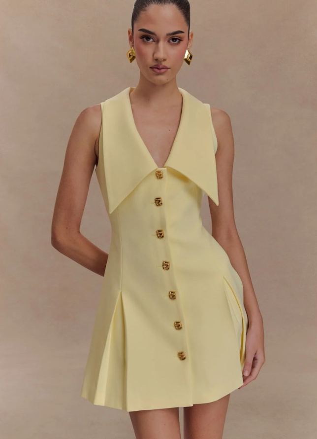 Yellow large neckline slim waist A-line short skirt homecoming dress R3857