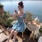 Square collar plaid waist short sleeve dress women's summer French style skirt R4826
