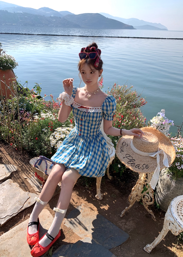 Square collar plaid waist short sleeve dress women's summer French style skirt R4826