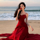Fairy waist slimming big swing red dress holiday beach long dress tube top ruffled suspender skirt R1719