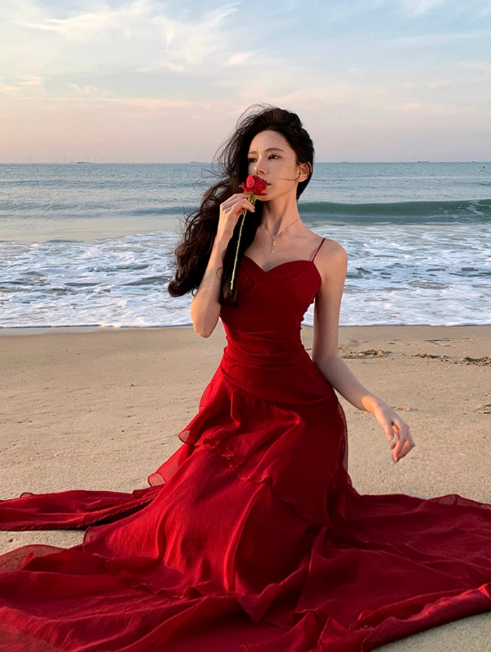 Fairy waist slimming big swing red dress holiday beach long dress tube top ruffled suspender skirt R1719