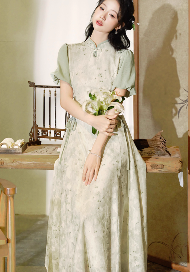 New Chinese style light national style improved cheongsam waist Zen dress R2362