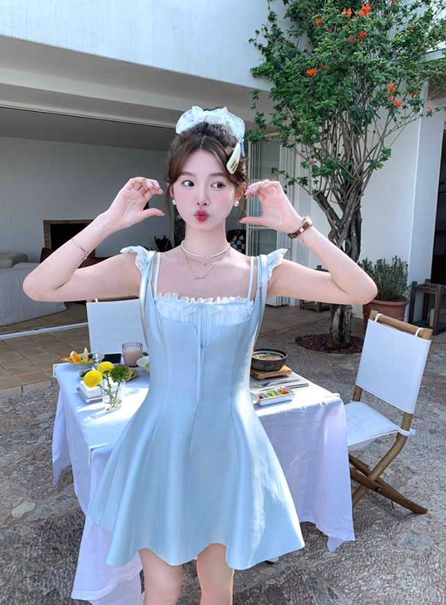 Pure lace small suspender dress two-piece suit women's summer French temperament skirt R4825