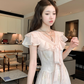 Pink long v-neck waist short-sleeved chiffon dress summer temperament embroidered A-line skirt R4576