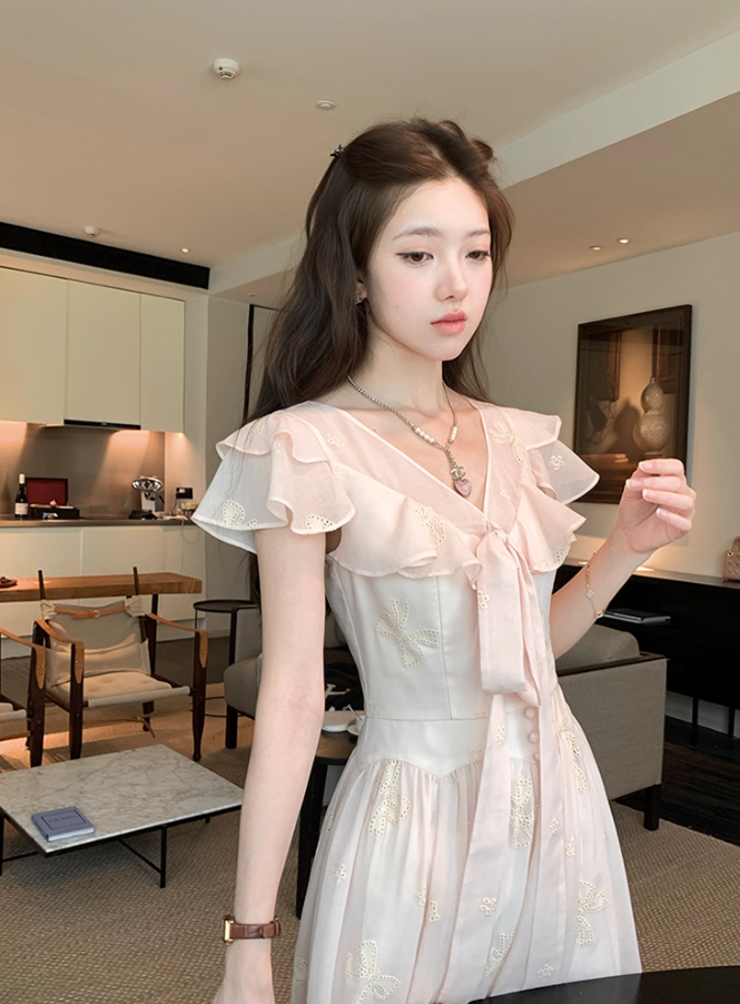Pink long v-neck waist short-sleeved chiffon dress summer temperament embroidered A-line skirt R4576