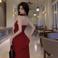 French seaside holiday long dress, temperament and slim red v-neck halter neck drape dress R1600