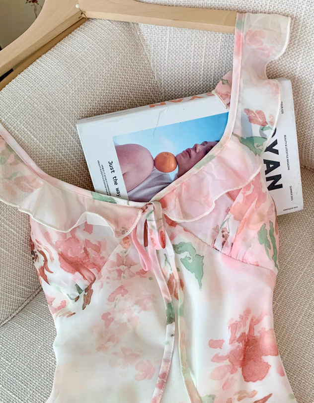 French pure desire style v-neck suspender dress new gentle style small flying sleeve long dress R4034