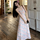 Fairy layered halter neck floral long skirt hollow lace waist temperament suspender dress R1726