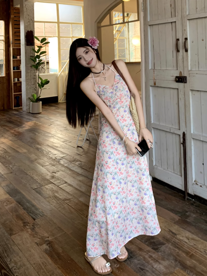 Fairy layered halter neck floral long skirt hollow lace waist temperament suspender dress R1726