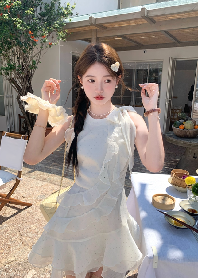 White waist bright silk chiffon halter neck suspender skirt women's summer French skirt R4619