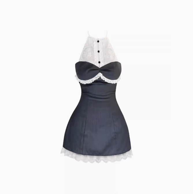 Pure desire style lace sleeveless halter neck dress 2025 backless waist a-line short skirt R1258