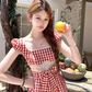 Pink mid-length square collar plaid waist suspender dress women's summer A-line skirt R4903