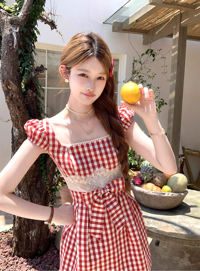 Pink mid-length square collar plaid waist suspender dress women's summer A-line skirt R4903