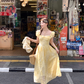 Yellow square neck puff sleeve cake dress summer Korean style age-reducing sweet petite skirt R4665