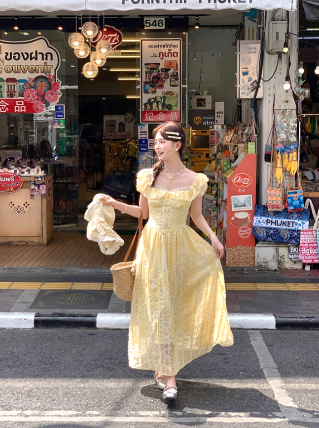 Yellow square neck puff sleeve cake dress summer Korean style age-reducing sweet petite skirt R4665