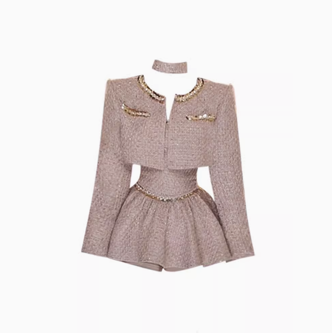 2025 sequined Chanel jacket with a sense of gold and elegant lady fluffy skirt suit R1253