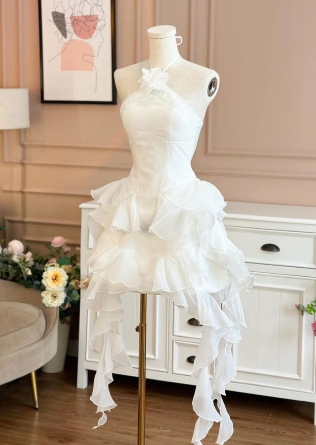 White halter neck slim irregular skirt A-line short skirt homecoming dress R2578