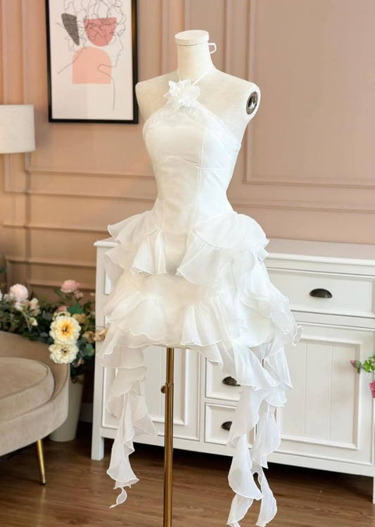 White halter neck slim irregular skirt A-line short skirt homecoming dress R2578