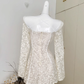 High-grade low-cut white heavy lace trumpet sleeve short long-sleeved dress R2025