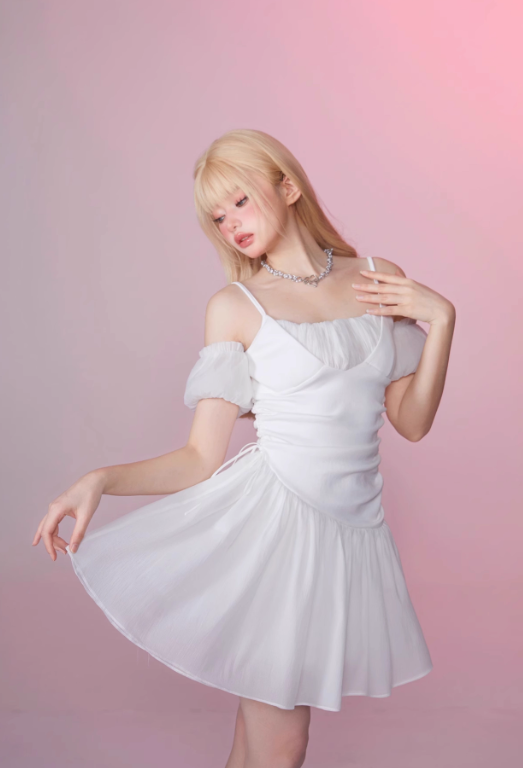 White Moonlight Pleated Tie Waist Off-Shoulder Puff Sleeve Dress R5253