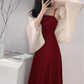 Hong Kong style retro 2025 new square neck velvet sling red engagement waist sling dress R1438