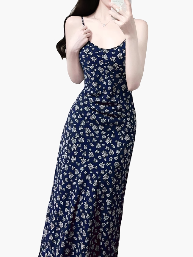 2025 Summer New Blue Floral Retro Backless Waist Long Suspender Dress R0909