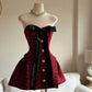 Red plaid tube top with waist and A-line skirt for homecoming dress R2896