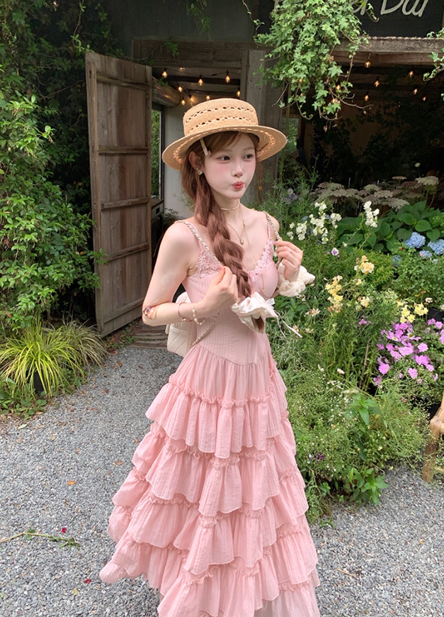 Pink long waist A-line suspender dress for women summer French temperament skirt R4862
