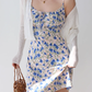 French retro blue floral suspender skirt sexy slim dress hip skirt R2852